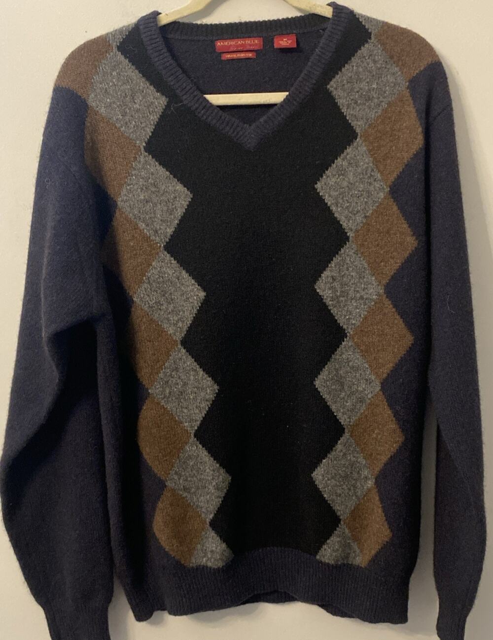 American Blue Sweater Mens M Blue Argyle 100% Himalayan Yak V-Neck Soft